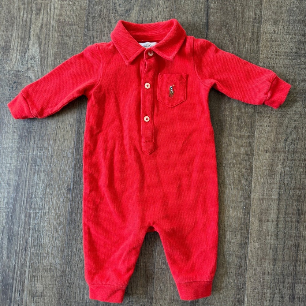 Ralph Lauren Baby Red Polo Romper 3M Embroidered Pony Long Sleeve